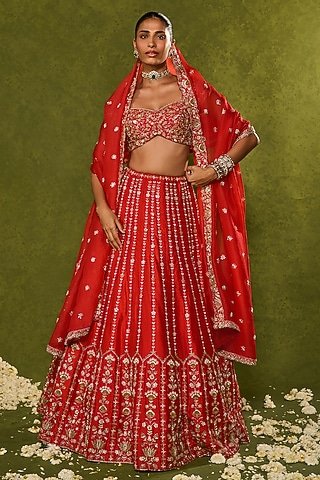 Red Raw Silk Zardosi Embroidered Lehenga Set by Chamee and Palak