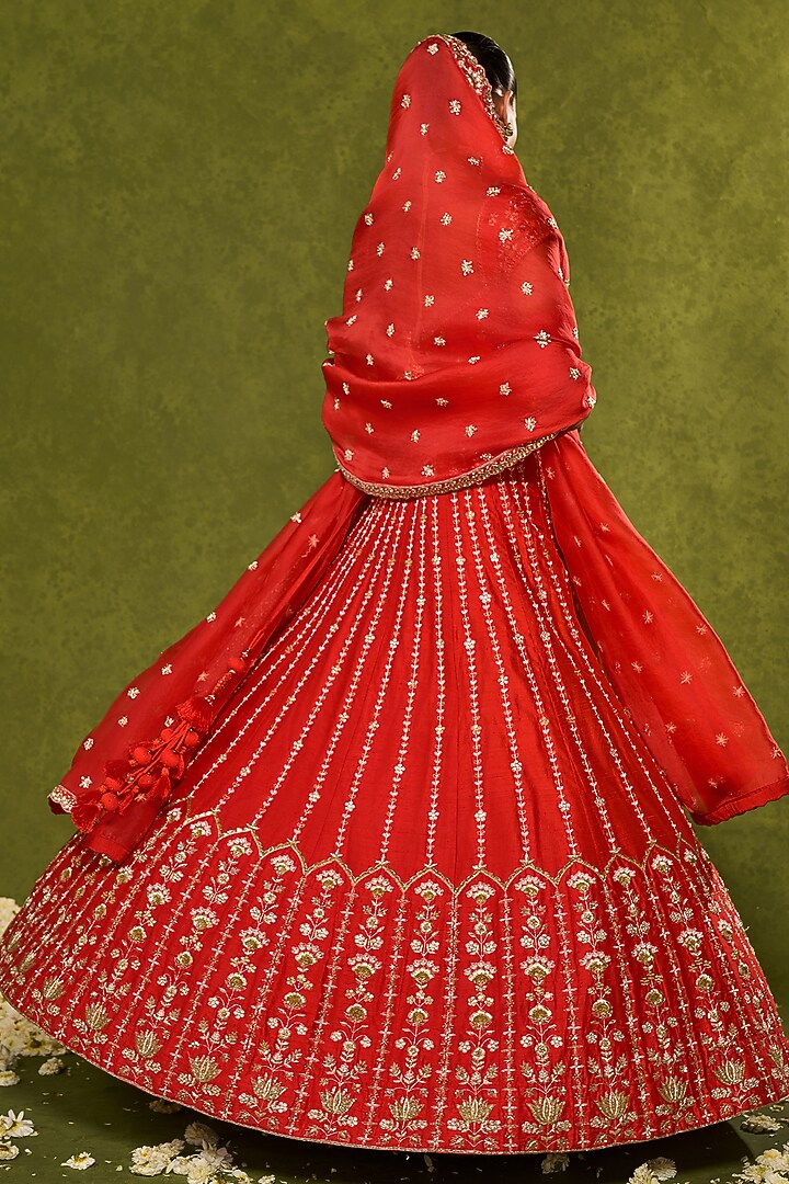 Red Raw Silk Zardosi Embroidered Bridal Lehenga Set by Chamee and Palak at Pernia's Pop Up Shop