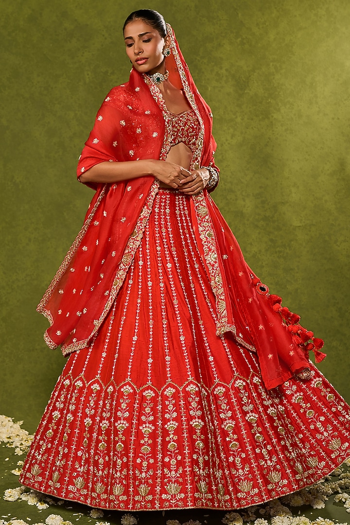 Red Raw Silk Zardosi Embroidered Bridal Lehenga Set by Chamee and Palak at Pernia's Pop Up Shop