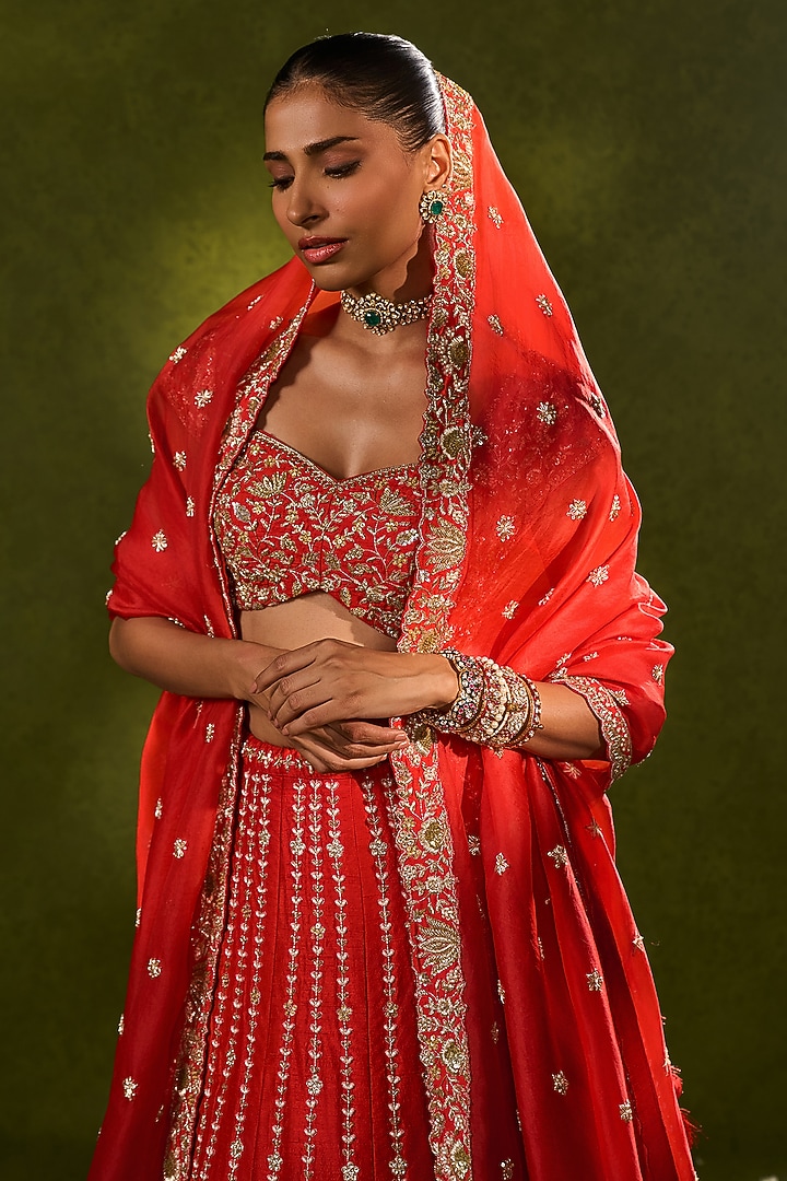 Red Raw Silk Zardosi Embroidered Bridal Lehenga Set by Chamee and Palak at Pernia's Pop Up Shop