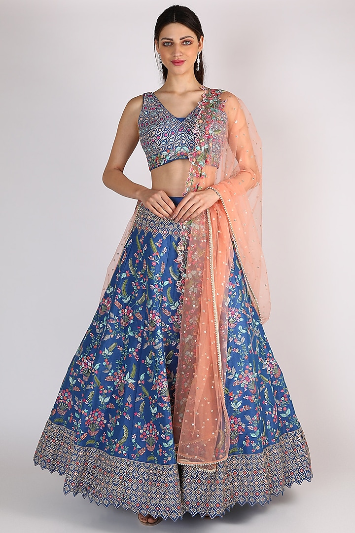 Cobalt Blue Embroidered Lehenga Set by Chamee and Palak