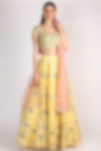 Yellow Floral Embroidered Lehenga by Chamee and Palak