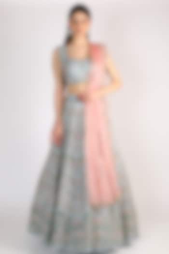 Dusty Blue Embroidered Wedding Lehenga Set by Chamee and Palak at Pernia's Pop Up Shop