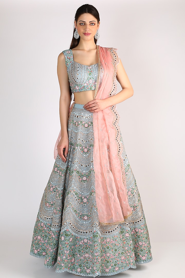 Dusty Blue Embroidered Wedding Lehenga Set by Chamee and Palak at Pernia's Pop Up Shop