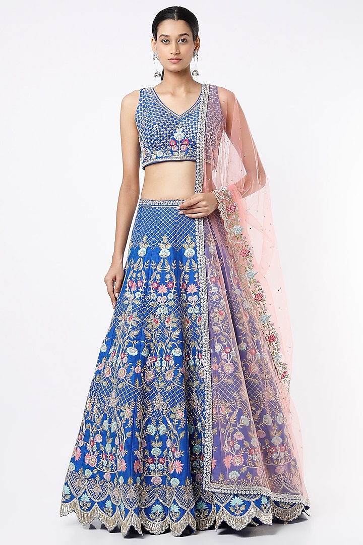 Cobalt Blue Hand Embroidered Bridal Lehenga Set by Chamee and Palak at Pernia's Pop Up Shop