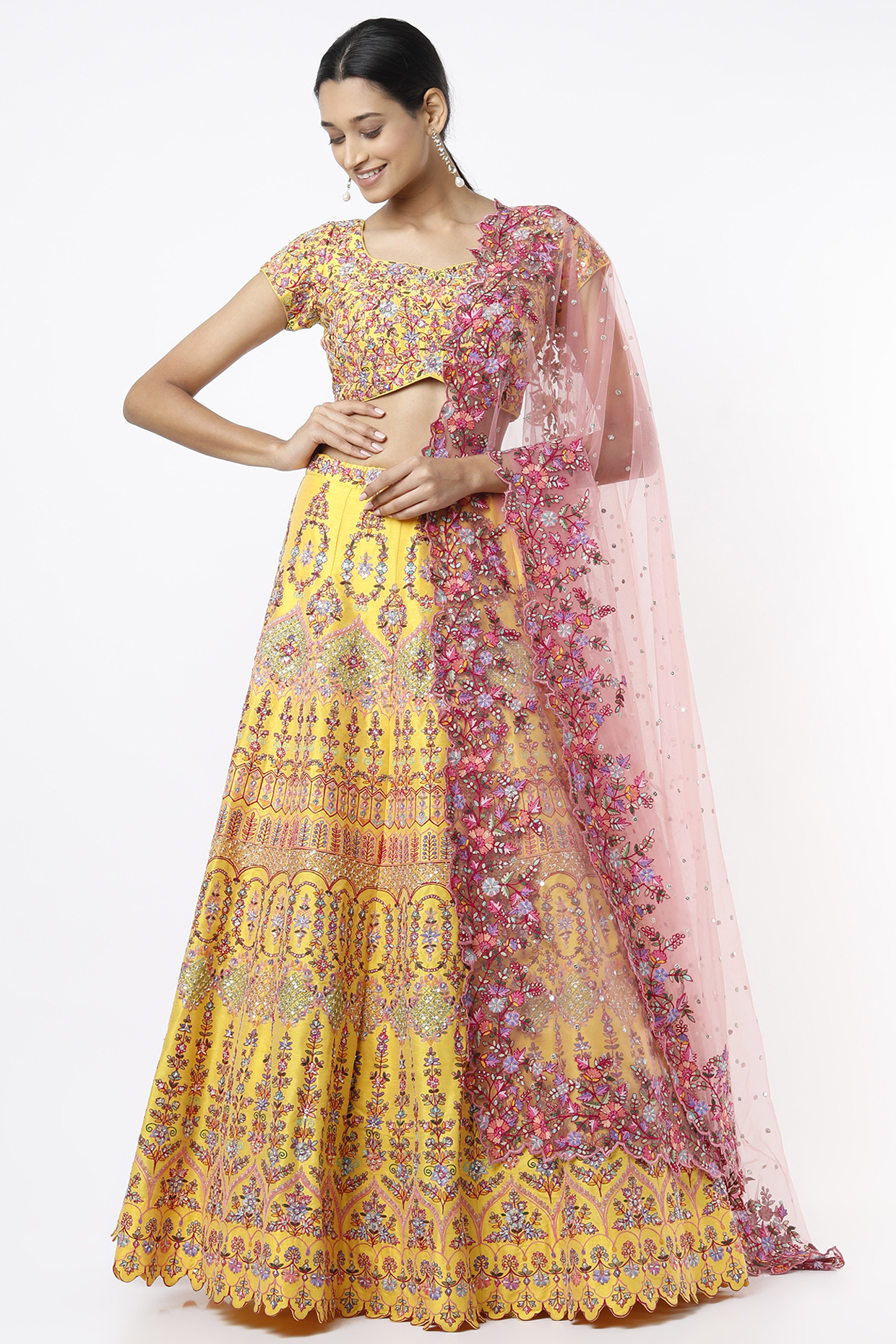 Yellow Resham Embroidered Bridal Lehenga Set by Chamee and Palak at Pernia's Pop Up Shop