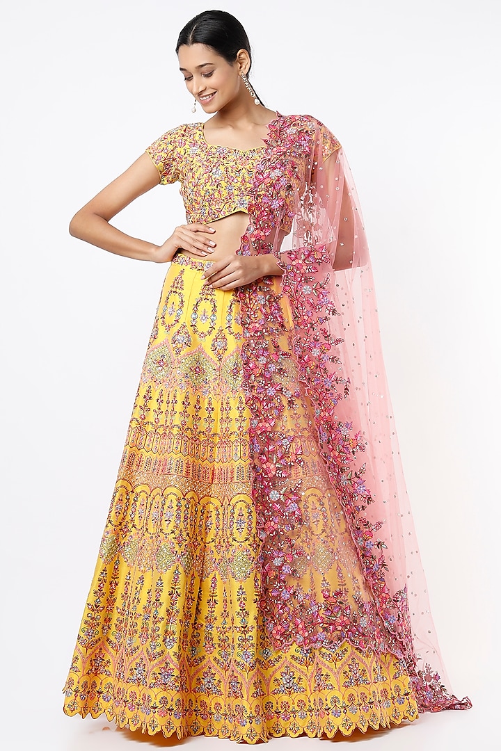 Yellow Resham Embroidered Bridal Lehenga Set by Chamee and Palak at Pernia's Pop Up Shop