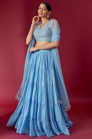 Blue Georgette Embroidered Lehenga Set by Chamee and Palak