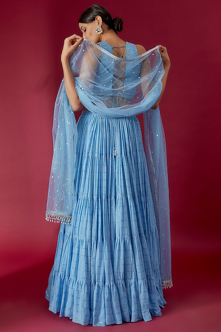 Blue Georgette Embroidered Wedding Lehenga Set by Chamee and Palak at Pernia's Pop Up Shop