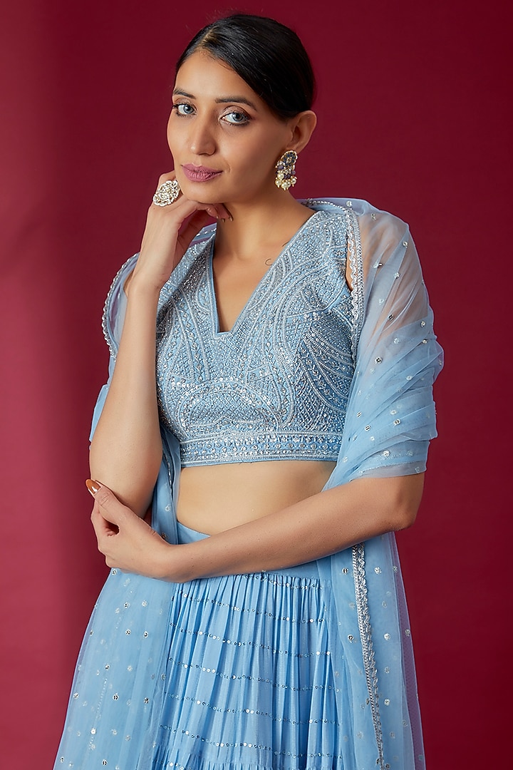 Blue Georgette Embroidered Wedding Lehenga Set by Chamee and Palak at Pernia's Pop Up Shop