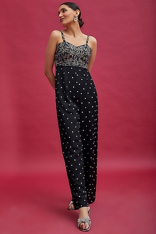 Black Georgette & Raw Silk Embroidered Jumpsuit by Chamee and Palak