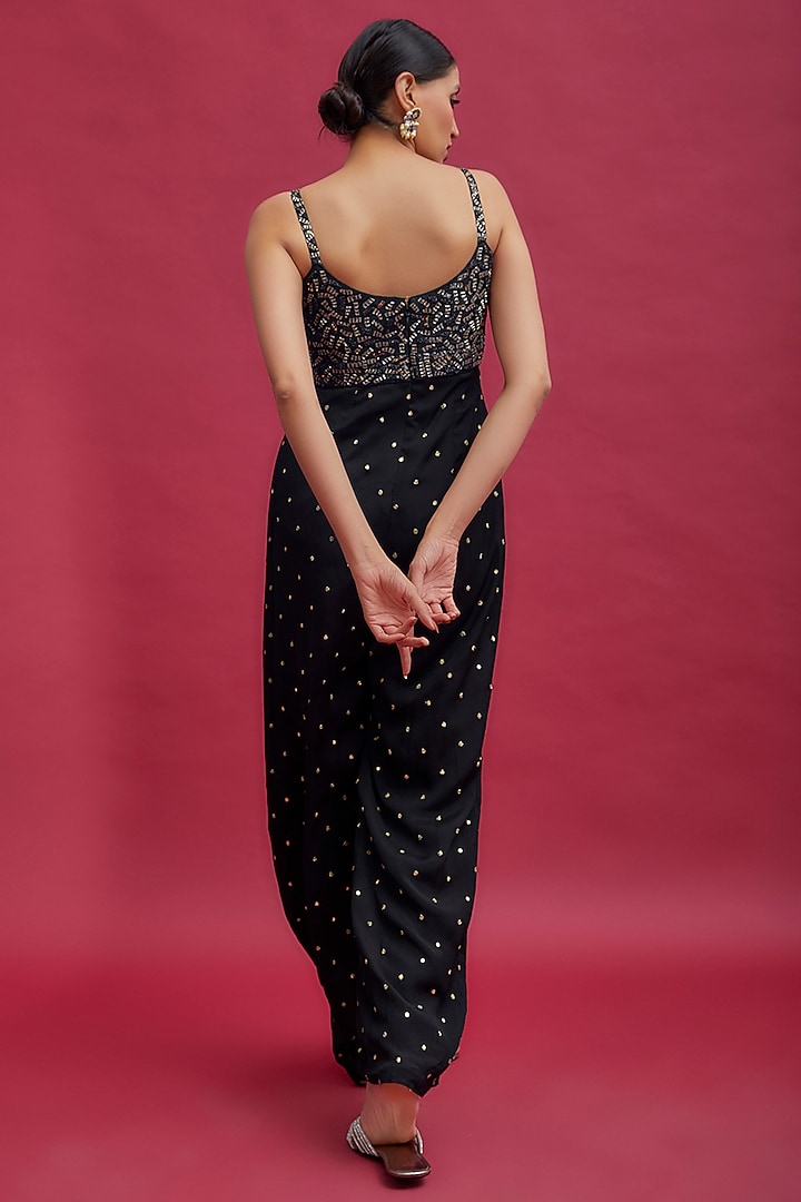 Black Georgette & Raw Silk Embroidered Jumpsuit by Chamee and Palak at Pernia's Pop Up Shop