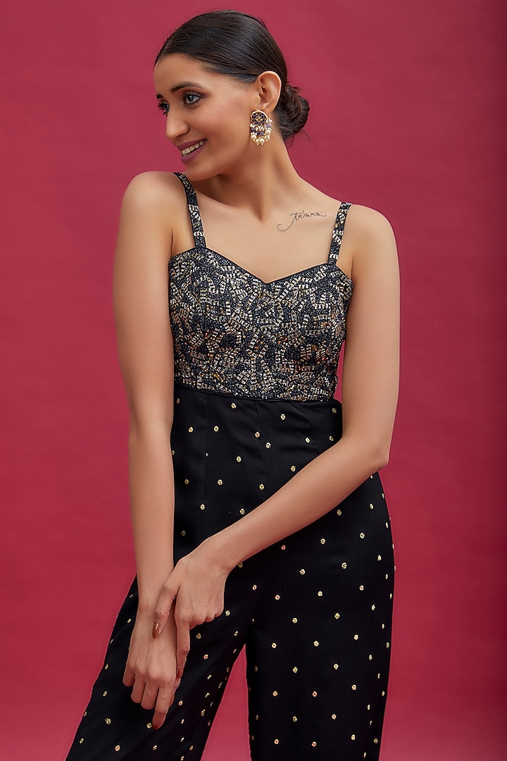 Black Georgette & Raw Silk Embroidered Jumpsuit by Chamee and Palak at Pernia's Pop Up Shop