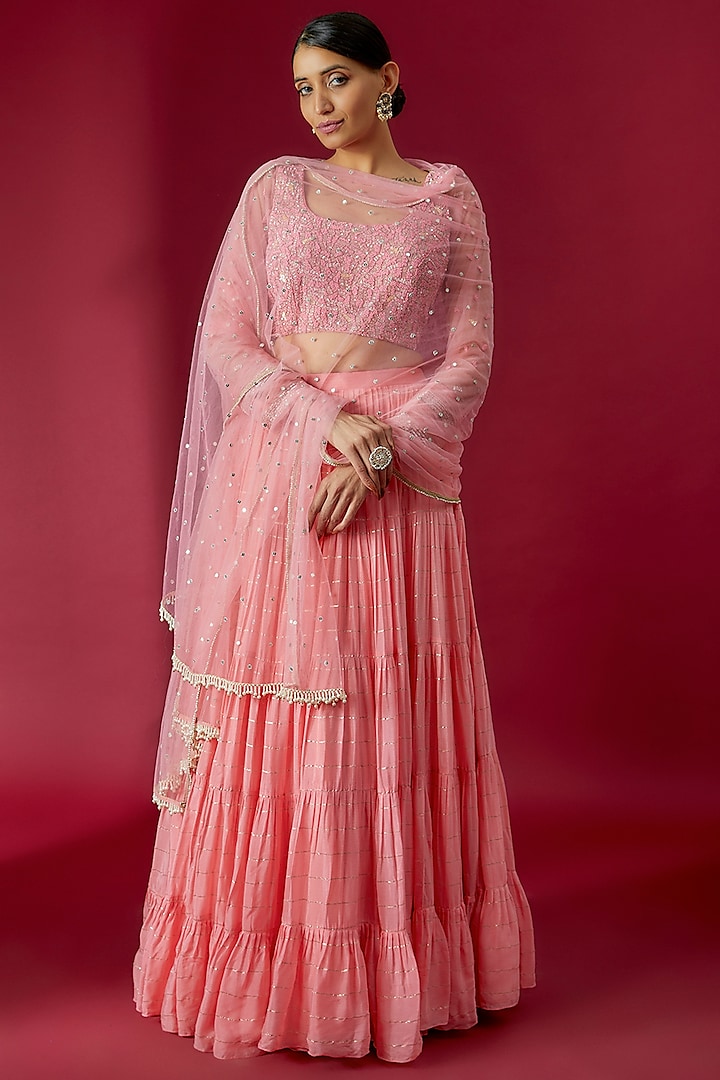 Peach Georgette Embroidered Wedding Lehenga Set by Chamee and Palak at Pernia's Pop Up Shop