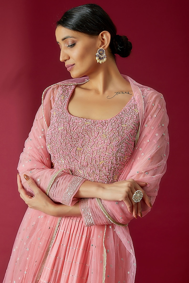 Peach Georgette Embroidered Wedding Lehenga Set by Chamee and Palak at Pernia's Pop Up Shop