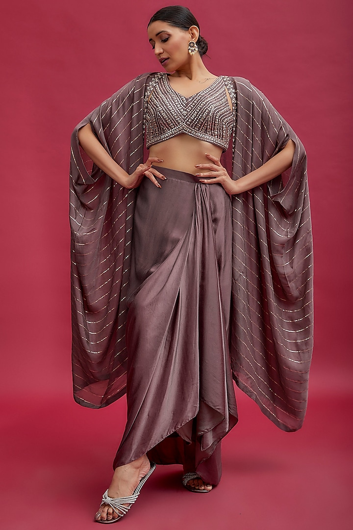 Purple Satin Draped Skirt Set by Chamee and Palak