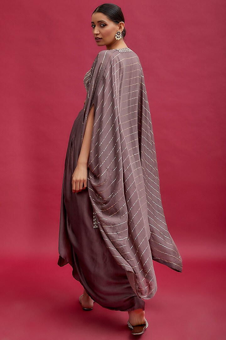 Purple Satin Draped Skirt Set by Chamee and Palak at Pernia's Pop Up Shop