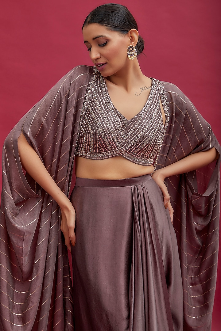 Purple Satin Draped Skirt Set by Chamee and Palak at Pernia's Pop Up Shop