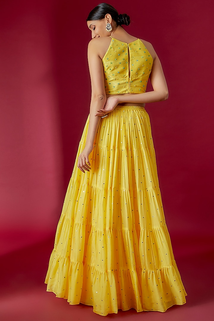 Yellow Georgette Hand Embroidered Wedding Lehenga Set by Chamee and Palak at Pernia's Pop Up Shop