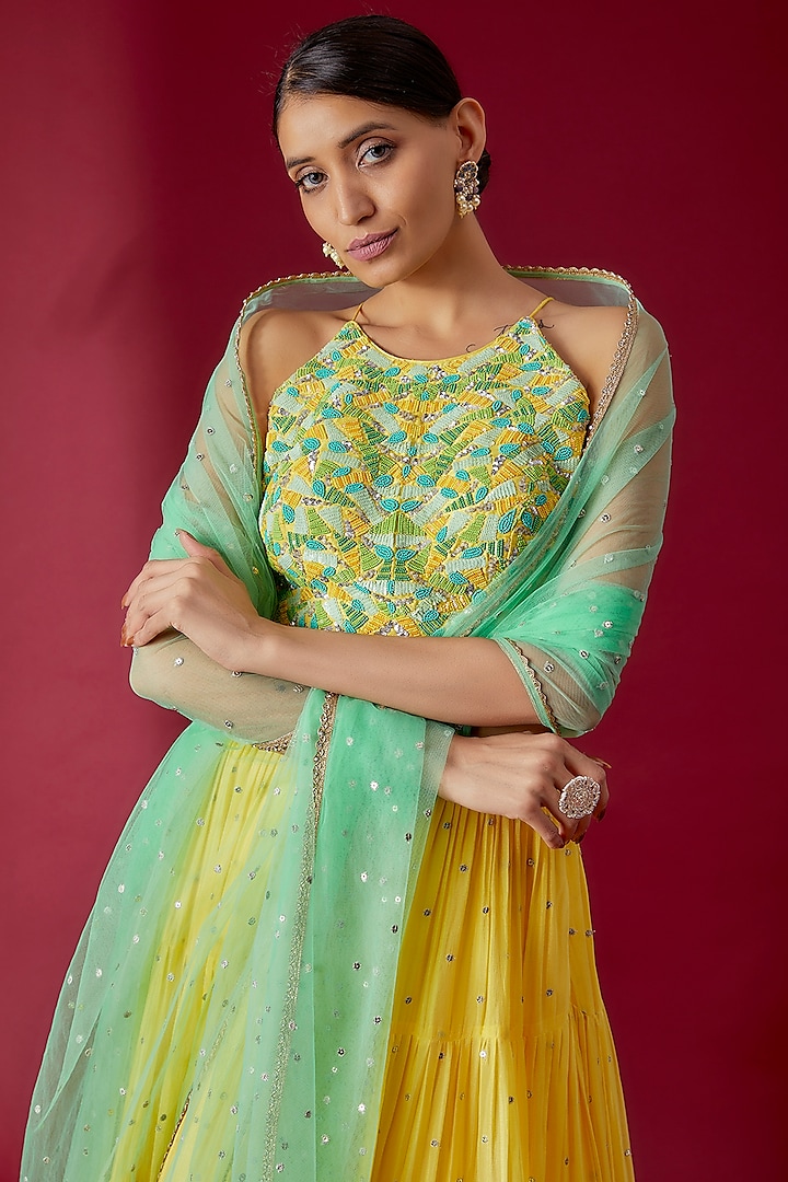Yellow Georgette Hand Embroidered Wedding Lehenga Set by Chamee and Palak at Pernia's Pop Up Shop