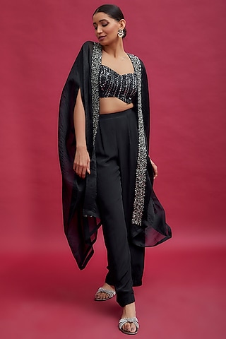 Black Organza Embroidered Cape Set by Chamee and Palak