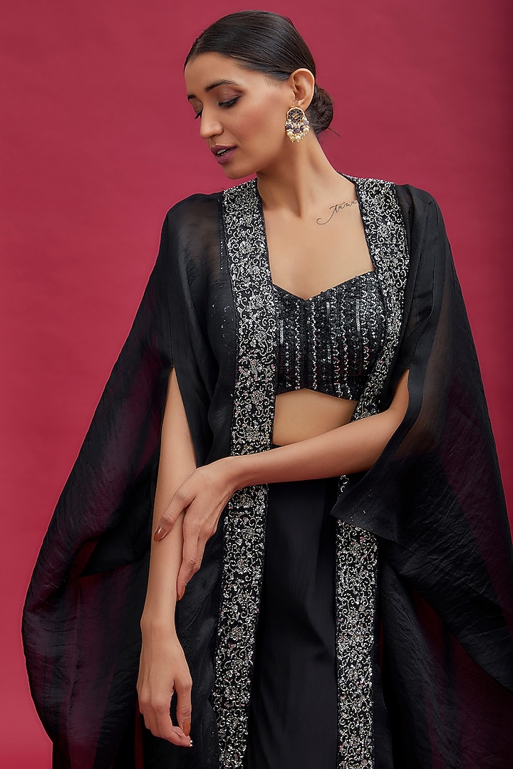 Black Organza Embroidered Cape Set by Chamee and Palak at Pernia's Pop Up Shop