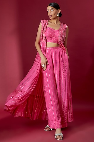 Pink Georgette Embroidered Jacket Set by Chamee and Palak