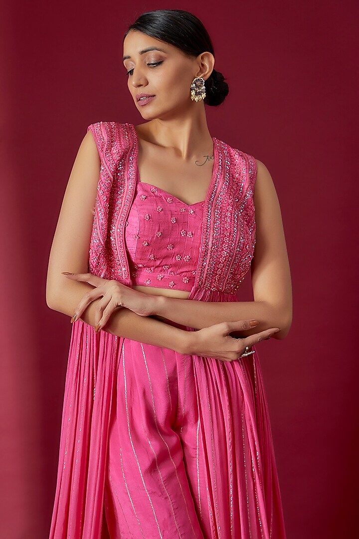Pink Georgette Embroidered Jacket Set by Chamee and Palak at Pernia's Pop Up Shop