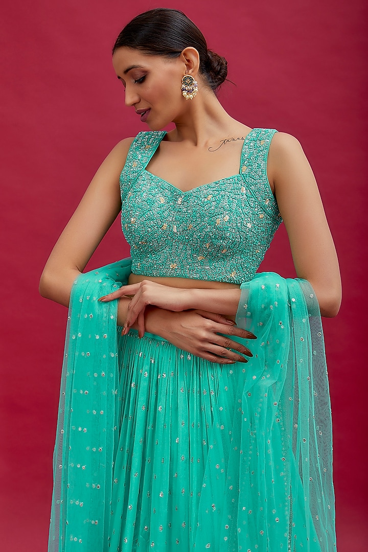 Blue Georgette Ruched Wedding Lehenga Set by Chamee and Palak at Pernia's Pop Up Shop