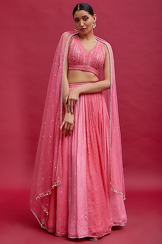 Pink Georgette Ruched Lehenga Set by Chamee and Palak