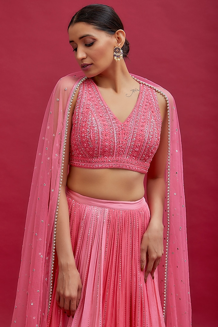 Pink Georgette Ruched Wedding Lehenga Set by Chamee and Palak at Pernia's Pop Up Shop