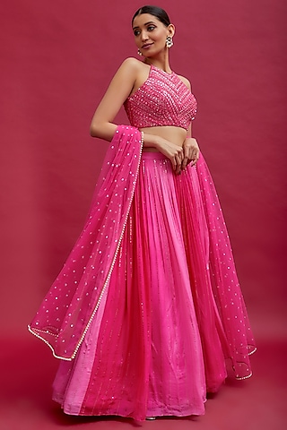 Pink Georgette Lehenga Set by Chamee and Palak