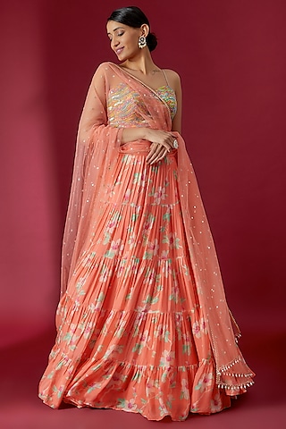 Orange Georgette Printed Lehenga Set by Chamee and Palak