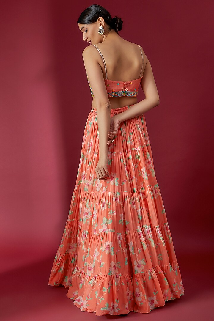 Orange Georgette Printed Wedding Lehenga Set by Chamee and Palak at Pernia's Pop Up Shop