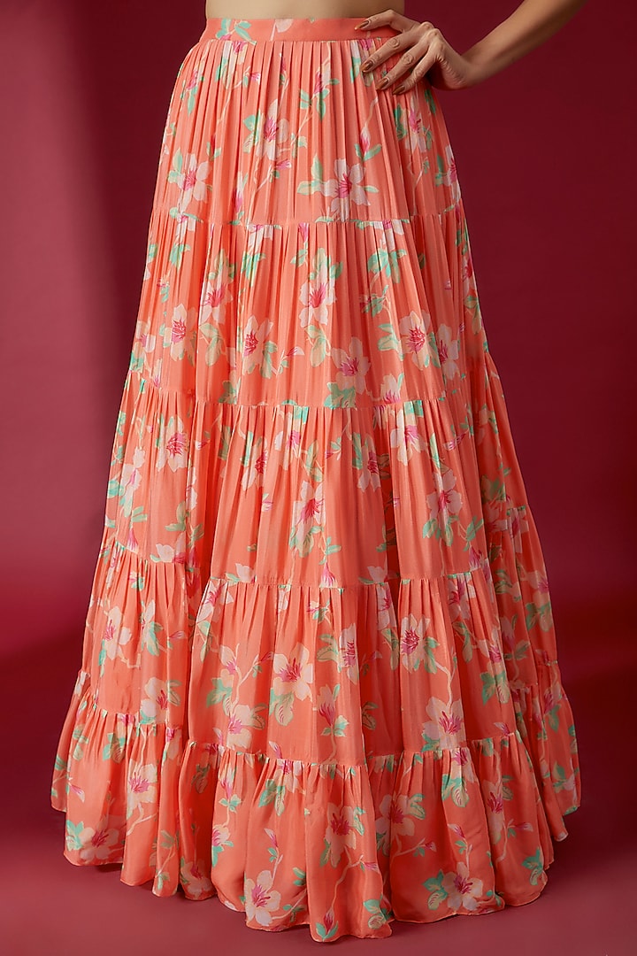 Orange Georgette Printed Wedding Lehenga Set by Chamee and Palak at Pernia's Pop Up Shop