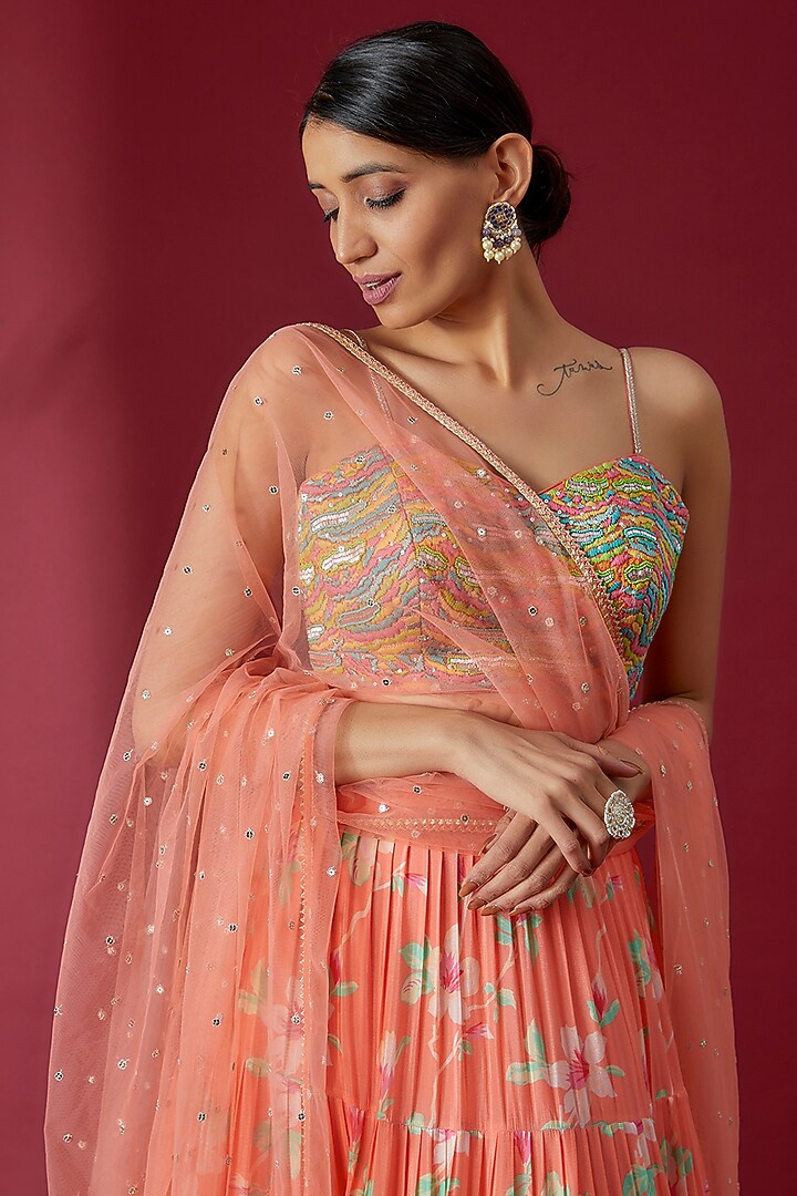 Orange Georgette Printed Wedding Lehenga Set by Chamee and Palak at Pernia's Pop Up Shop
