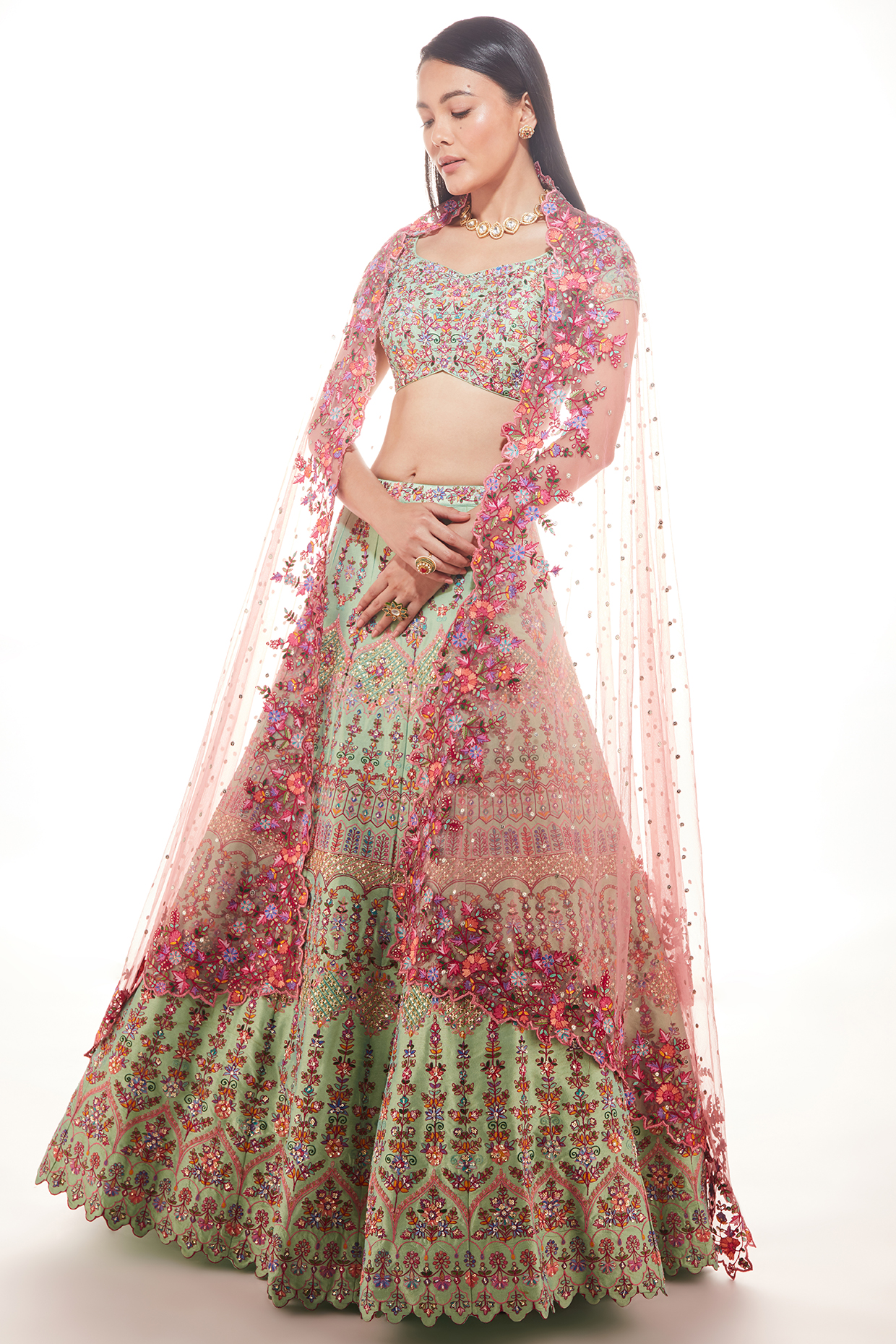 Mint Embroidered Bridal Lehenga Set by Chamee and Palak at Pernia's Pop Up Shop