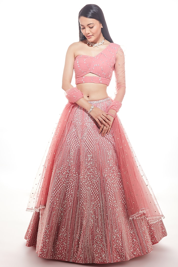 Baby Pink Embroidered Lehenga Set by Chamee and Palak