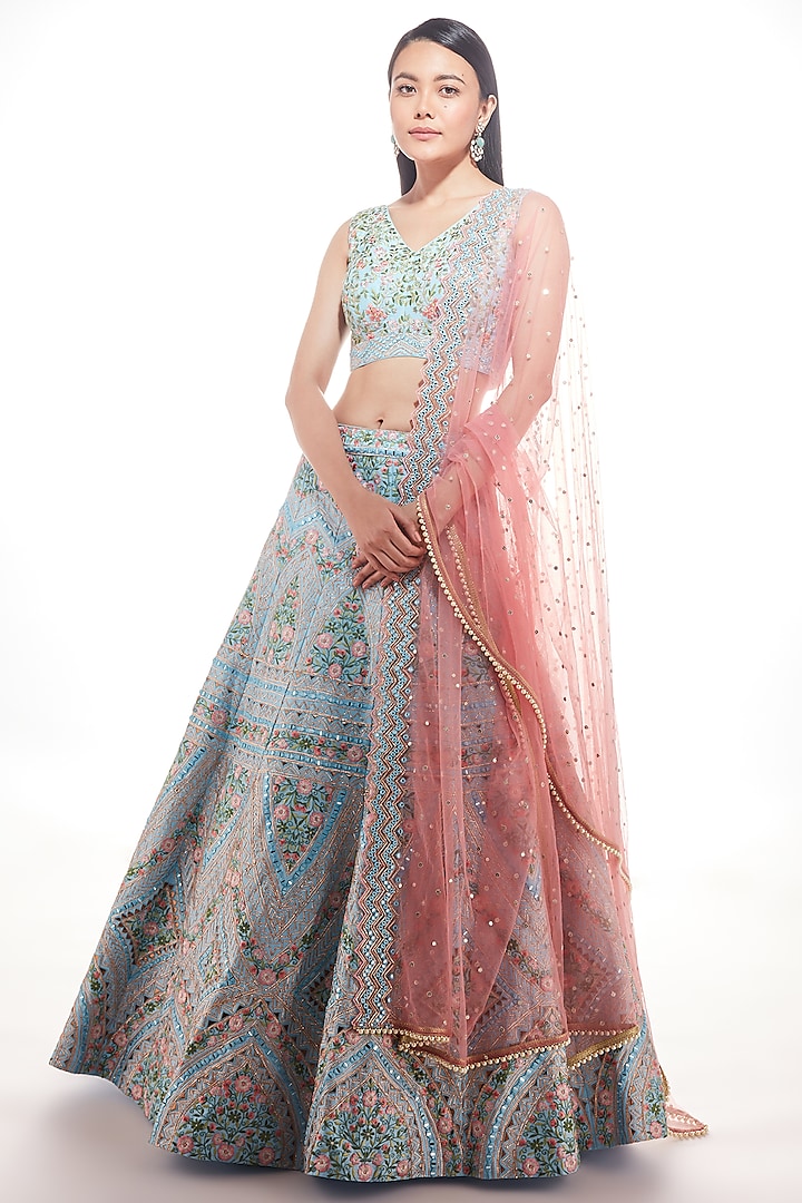Powder Blue Embroidered Lehenga Set by Chamee and Palak