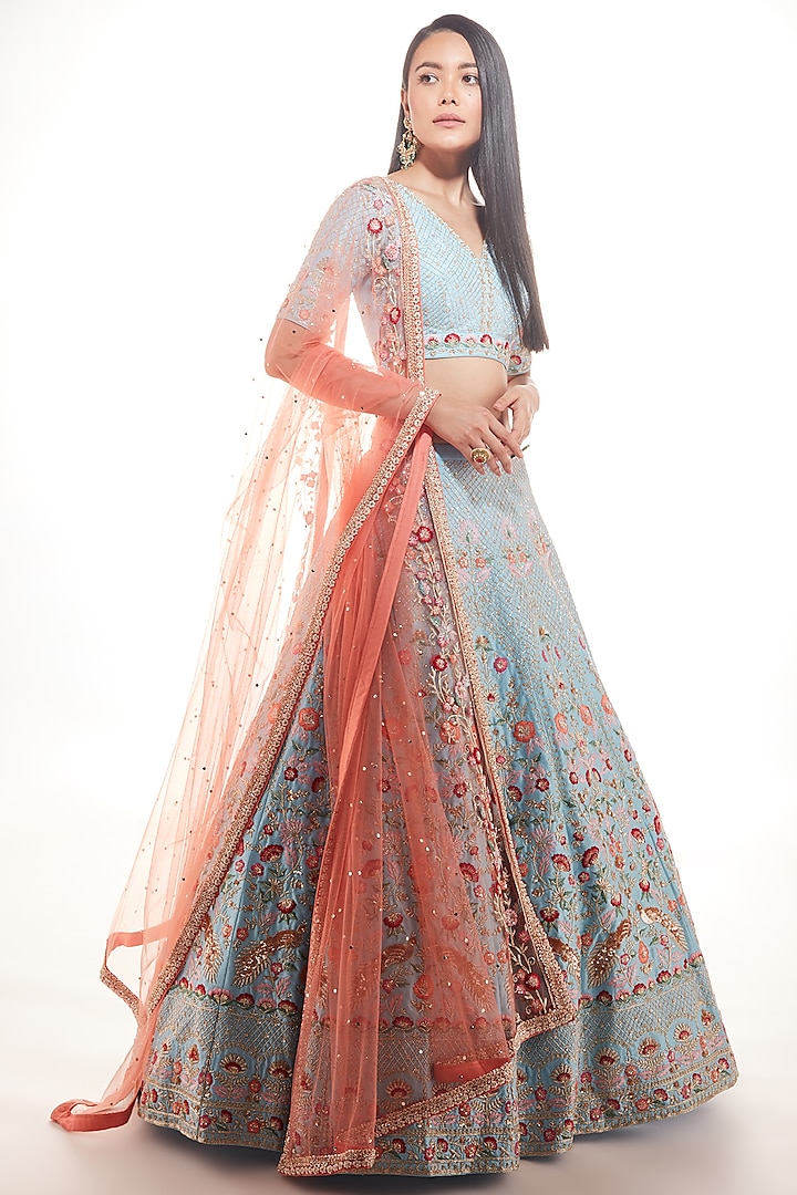 Dusty Blue Embroidered Lehenga Set by Chamee and Palak