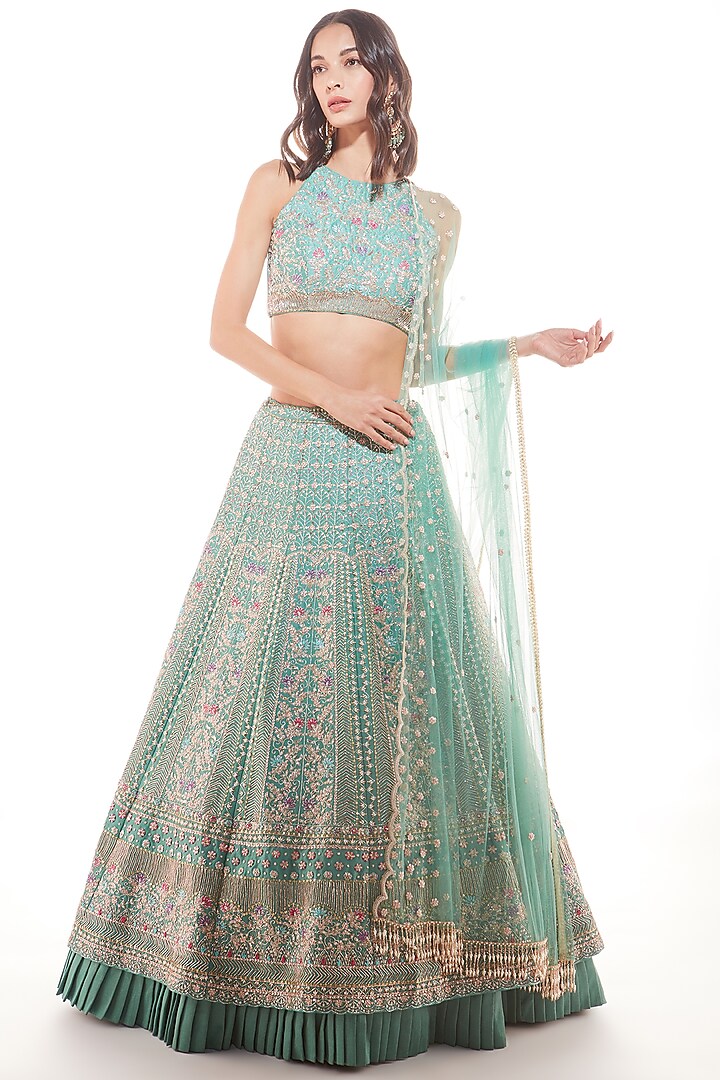 Sage Green Embroidered Lehenga Set by Chamee and Palak