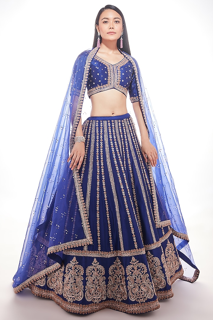 Navy Blue Embroidered Lehenga Set by Chamee and Palak