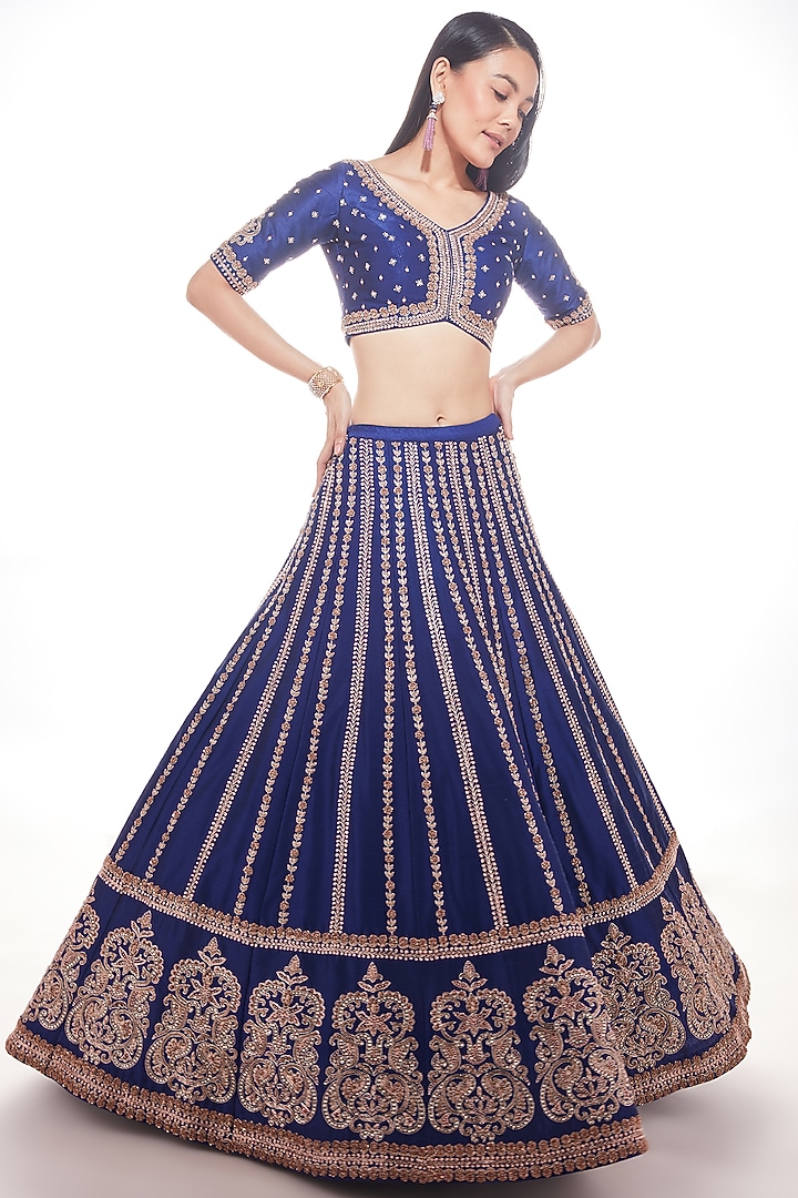 Navy Blue Embroidered Wedding Lehenga Set by Chamee and Palak at Pernia's Pop Up Shop