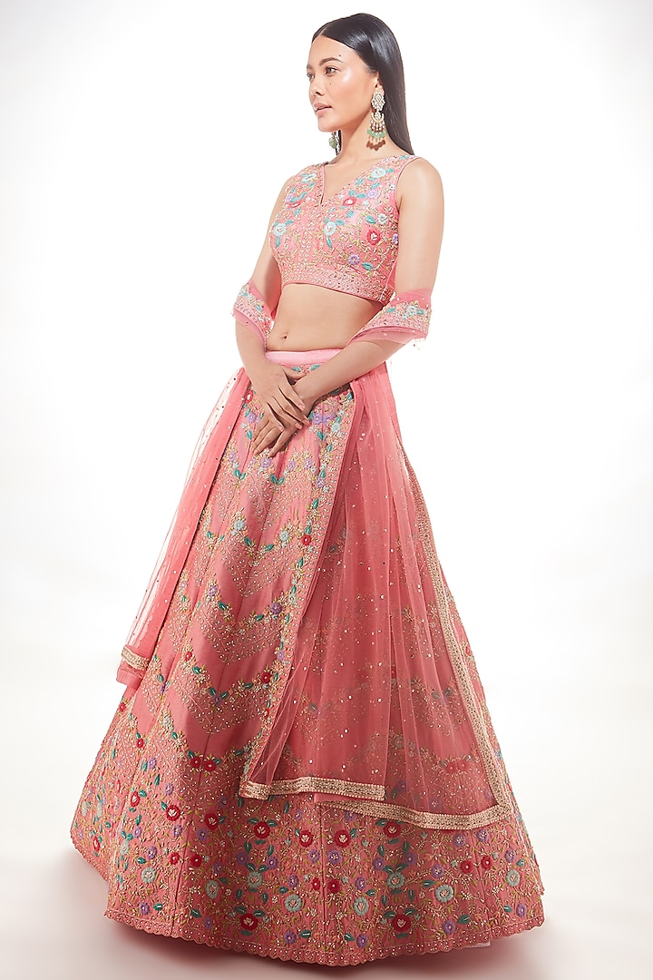Sea Pink Embroidered Lehenga Set by Chamee and Palak