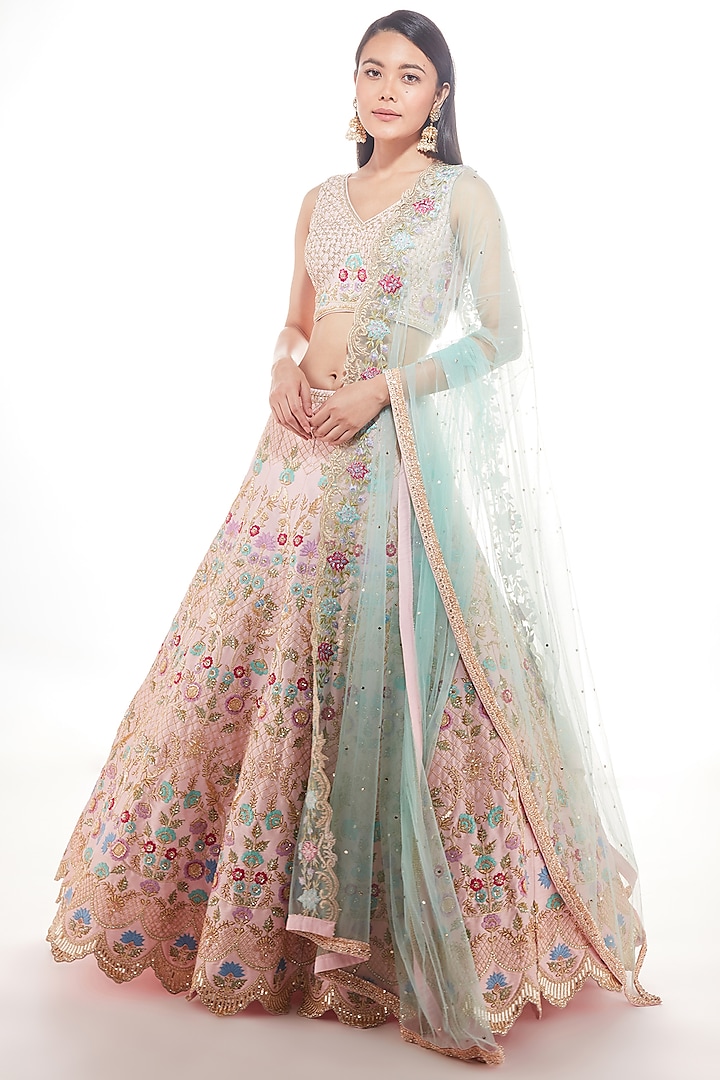 Powder Pink Embroidered Lehenga Set by Chamee and Palak
