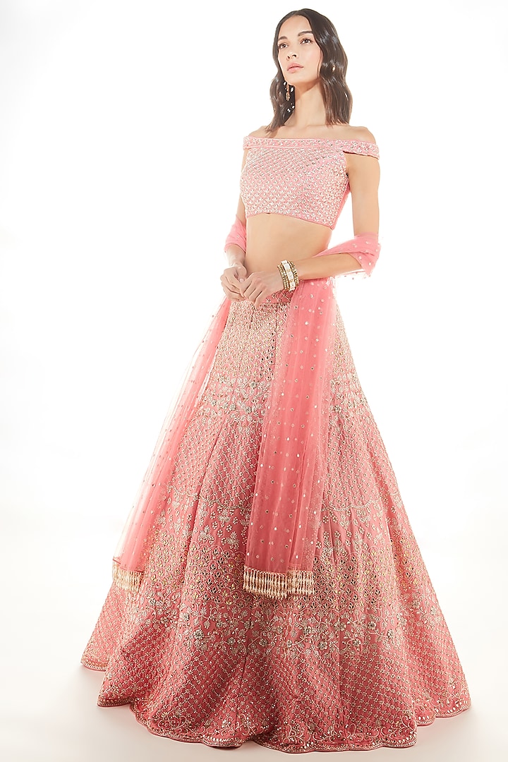 Blush Pink & Rose Gold Embroidered Lehenga Set by Chamee and Palak