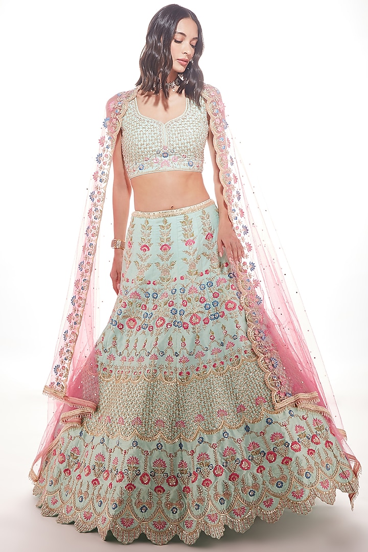 Mint Hand Embroidered Lehenga Set by Chamee and Palak