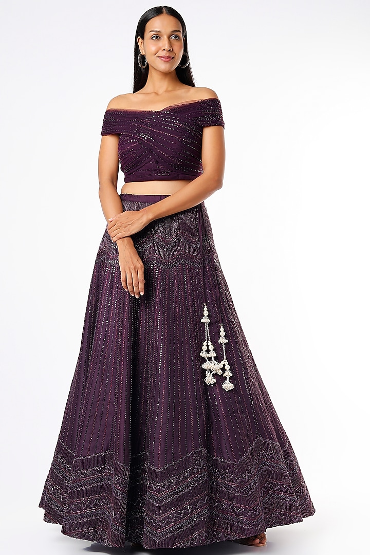 Wine Organza Embroidered Lehenga Set by Chamee and Palak