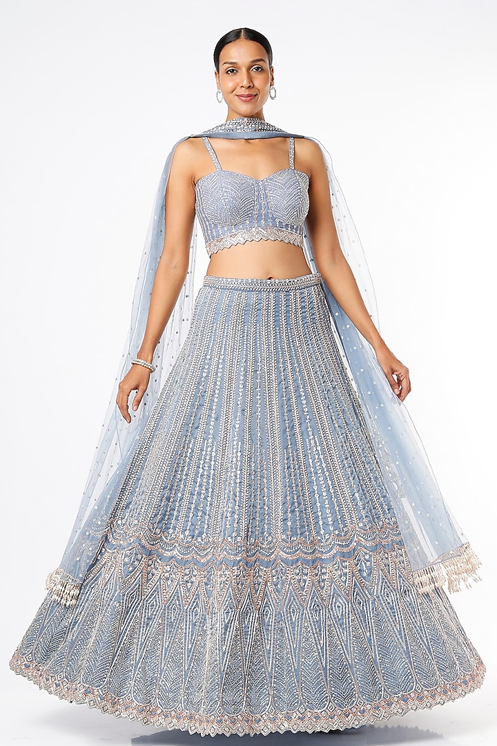 Slate Grey Organza Embroidered Bridal Lehenga Set by Chamee and Palak at Pernia's Pop Up Shop