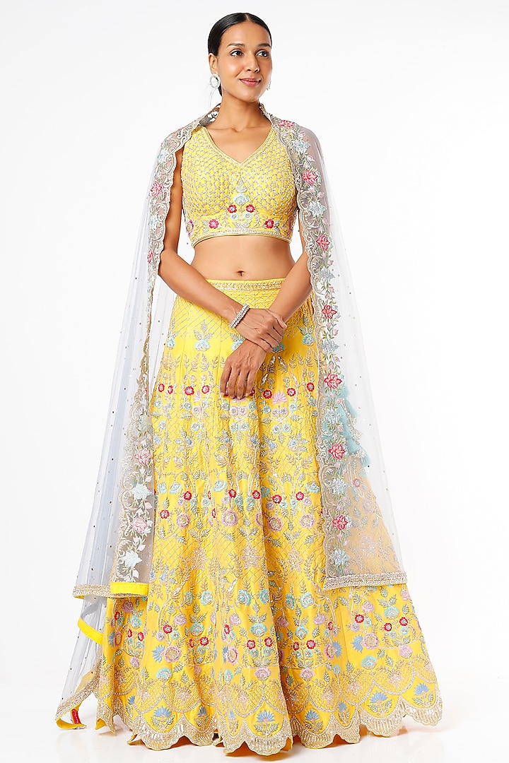 Yellow Raw Silk Embroidered Lehenga by Chamee and Palak